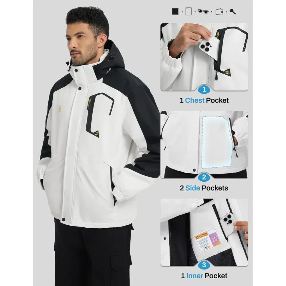 Men's White Waterproof Winter Warm Snow Coat Fleece Lined Hiking Ski Jacket